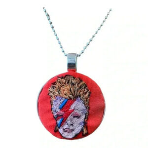David Bowie Ziggy Stardust hand embroidered thread paint pendant necklace